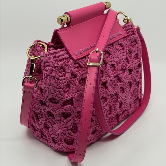 Hot Pink Crochet Crossbody Bag with Gold Handle handmade crochet bag - Picture 3 of 10